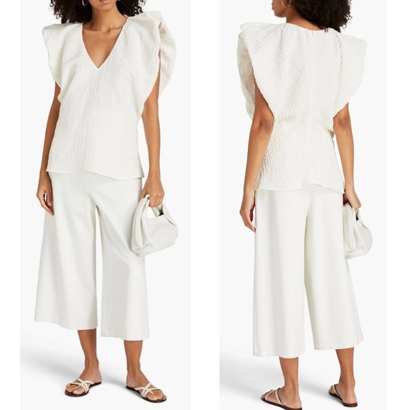 CO Avery Linen Crepe Pleated Cap Sleeve Textured Jacquard V Neck Blouse Top NEW - Picture 3 of 16